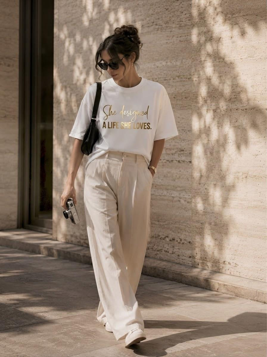 Woman walking in the white A Life She Loves oversized tee with gold script print