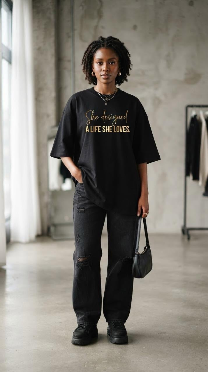 Woman in the black A Life She Loves oversized tee with gold script, full length