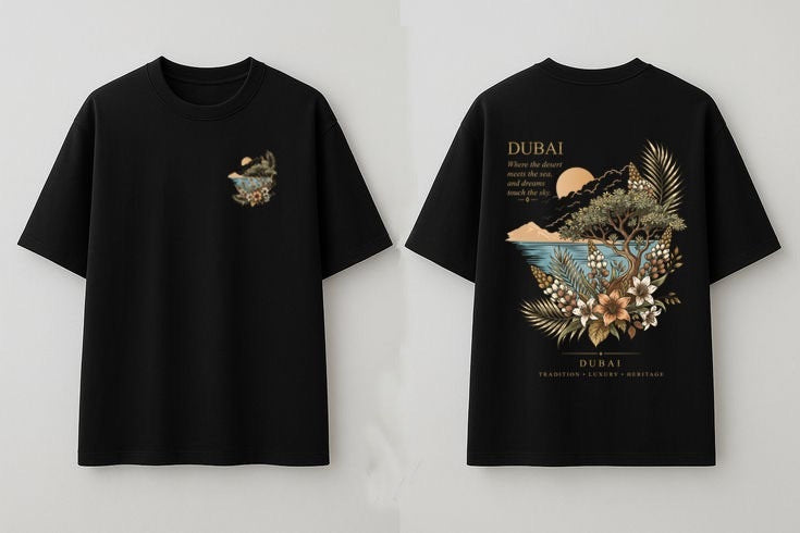 Black Dubai Oasis oversized tee, front and back flat lay