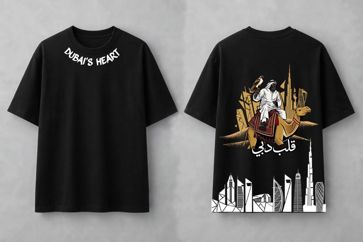 Black Dubai's Heart oversized tee, front and back flat lay