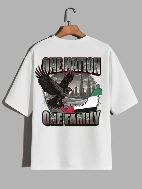White One Nation One Family oversized tee with falcon, Dubai skyline and UAE map back print
