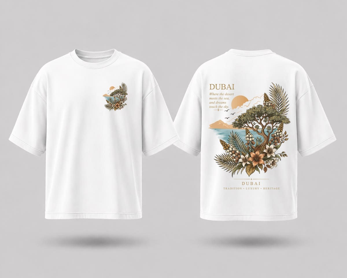 White Dubai Oasis oversized tee, front and back flat lay