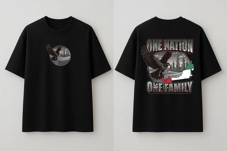 Black One Nation One Family oversized tee, falcon front print and One Nation One Family back print