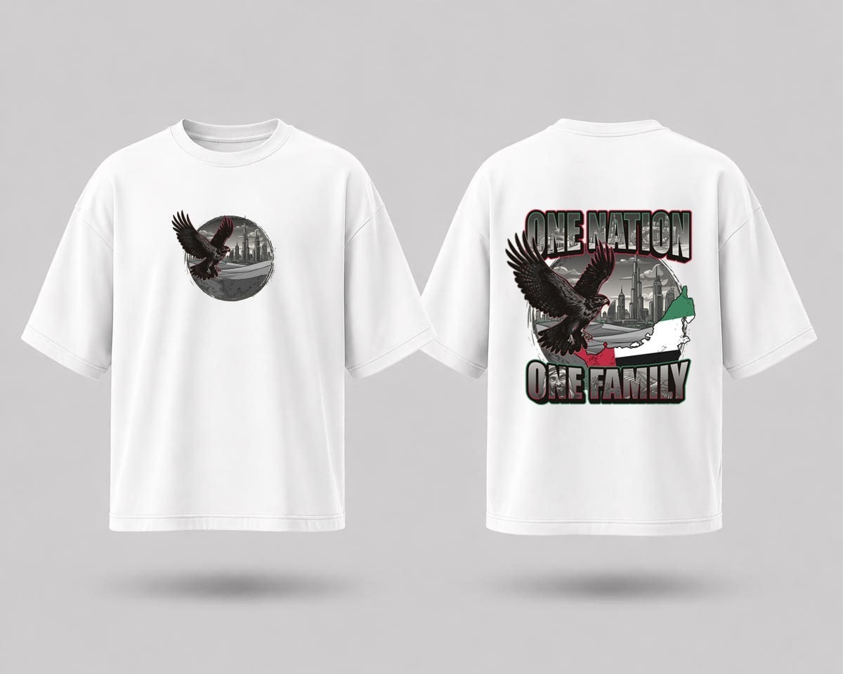White One Nation One Family oversized tee, falcon front print and One Nation One Family back print